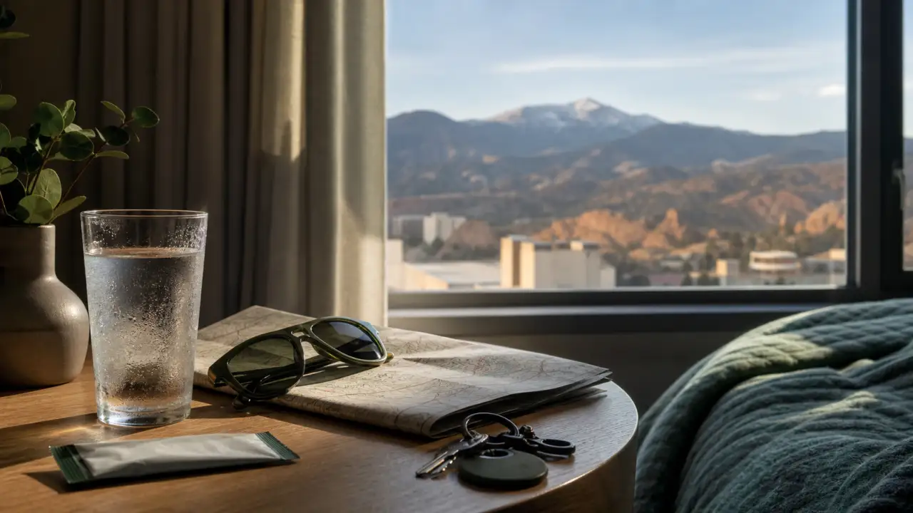 Water glass, trail map, sunglasses, and apartment keys on a bedside table with Pikes Peak visible through the window.