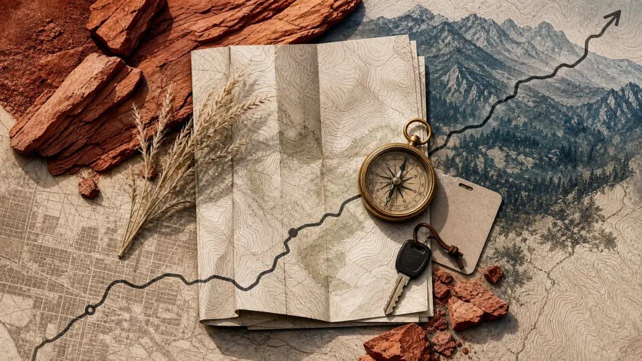 Topographic trail map collage with red sandstone, a compass, car keys, and a route line from downtown toward the foothills.