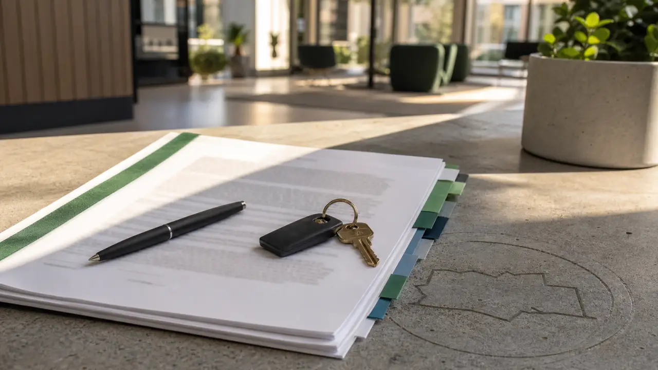Lease packet with green tabs, a pen, apartment keys, and a subtle Colorado outline on a stone tabletop.