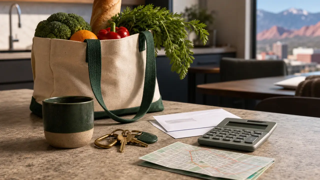 Groceries, keys, calculator, coffee cup, envelope, and a Colorado Springs map on a modern apartment counter.