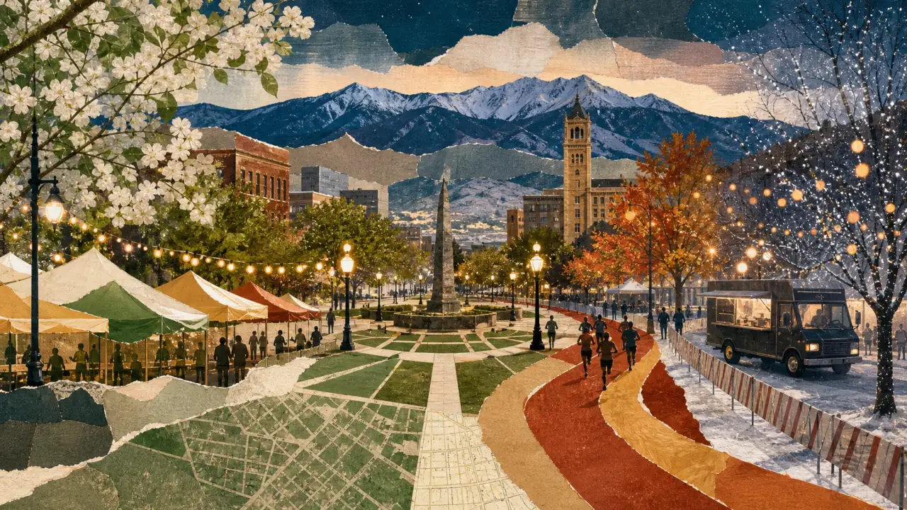 Seasonal downtown Colorado Springs event collage with market tents, runners, winter lights, food truck, and Pikes Peak.