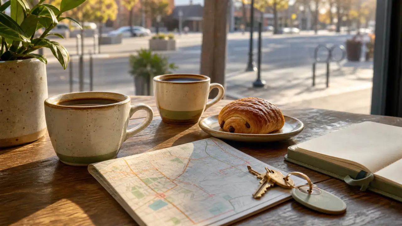 Coffee cups, pastry, route map, notebook, and apartment keys on a cafe table by a downtown Colorado Springs window.