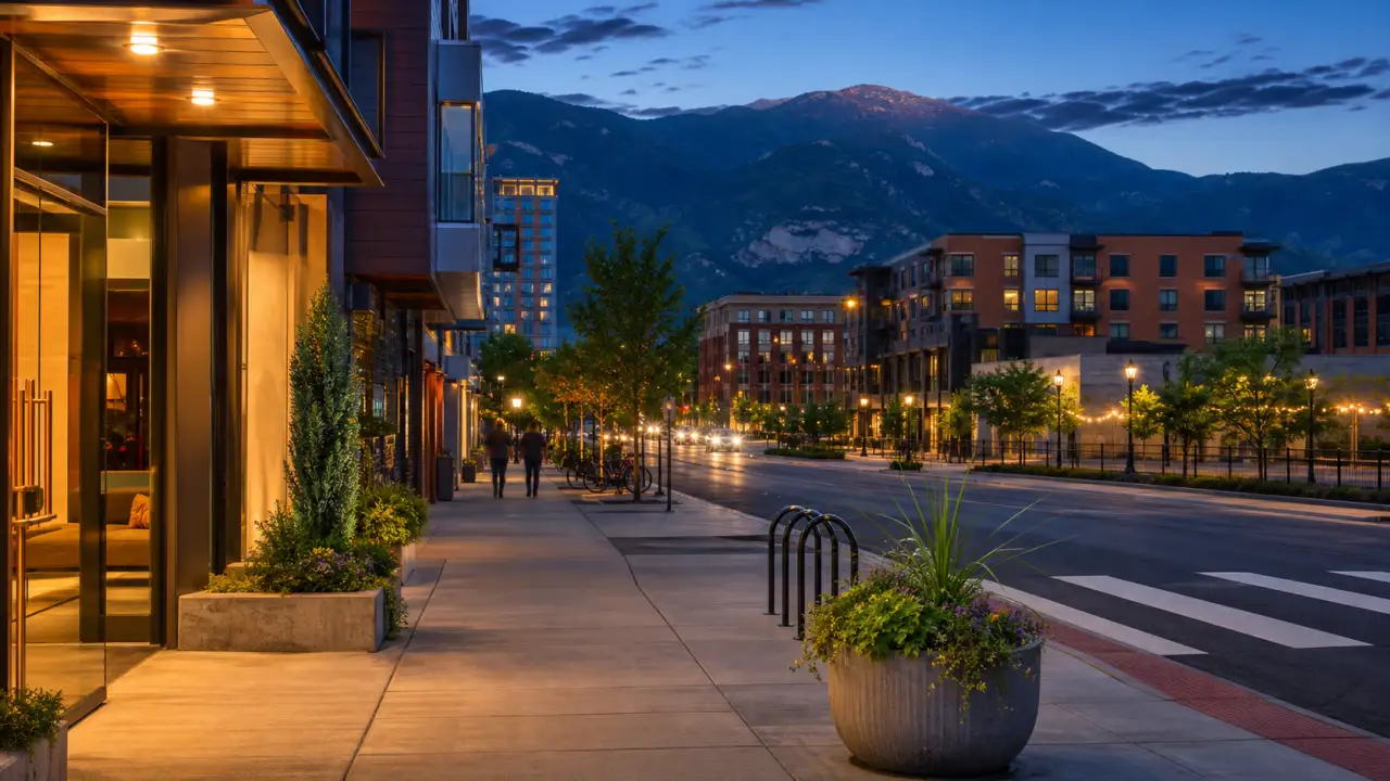 Downtown Colorado Springs sidewalk at blue hour with apartment entry light, planters, bike rack, crosswalk, and mountains.