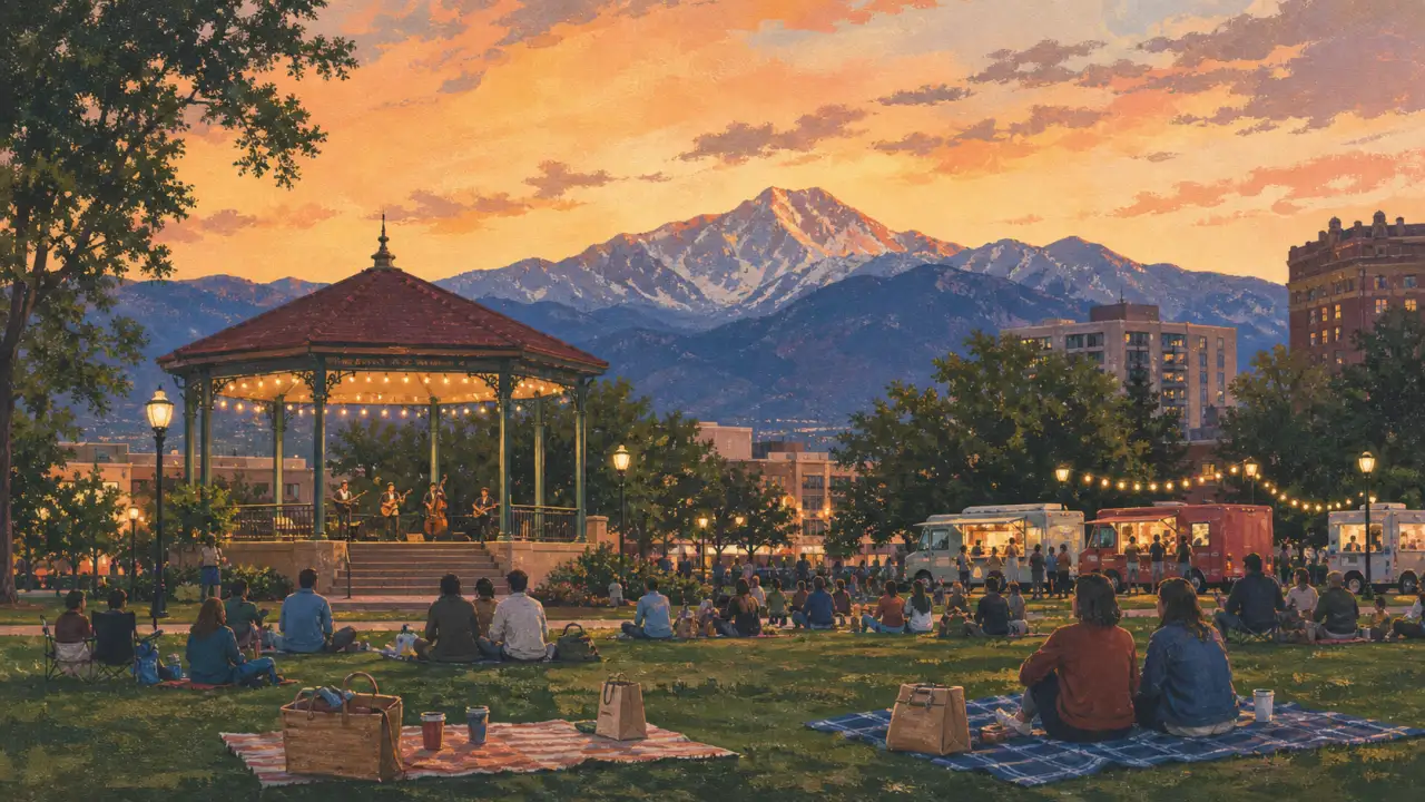 Acacia Park concert scene at sunset with picnic blankets, bandstand, food trucks, downtown buildings, and Pikes Peak.