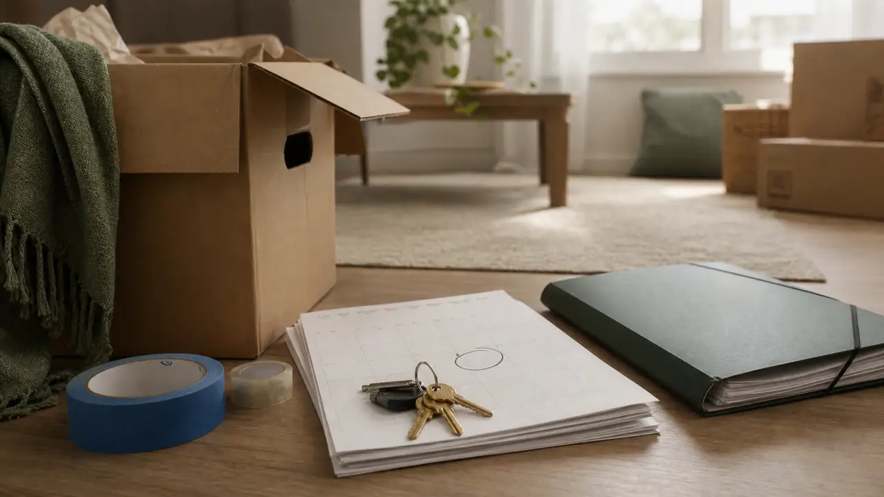 Moving box, blanket, packing tape, calendar page, lease folder, and apartment keys on an apartment floor.