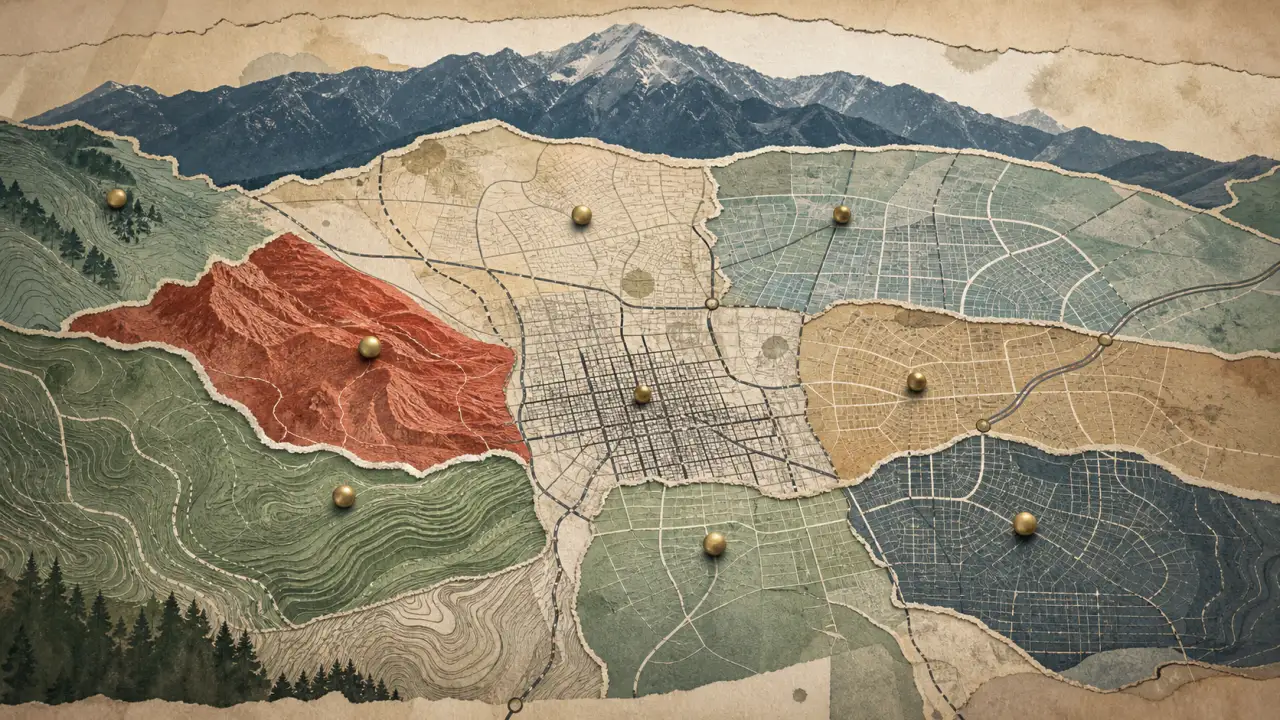 Layered Colorado Springs neighborhood map collage with textured zones, brass pins, downtown grid, foothills, and Pikes Peak.