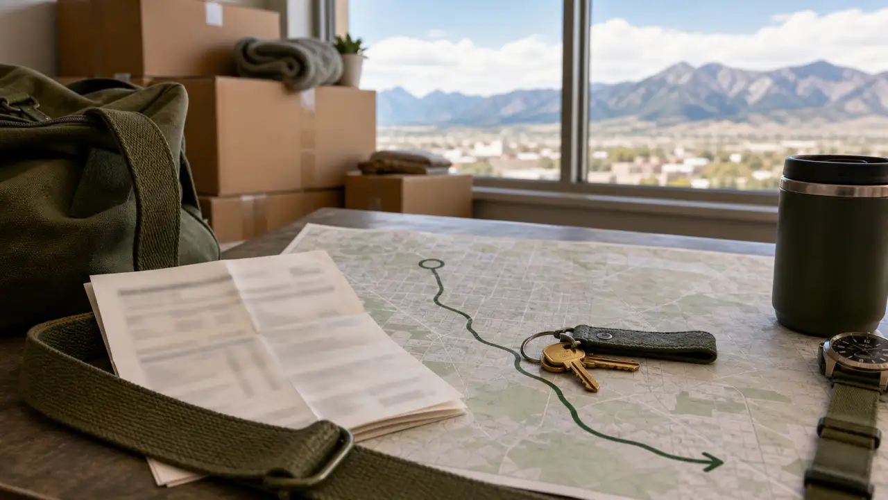 PCS move planning scene with canvas bag, moving boxes, route map, apartment keys, travel mug, and mountain view.