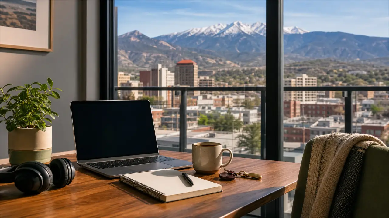 Laptop, headphones, notebook, coffee cup, plant, and apartment keys on a desk with downtown Colorado Springs and mountains outside.