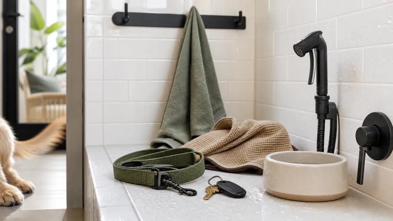 Pet wash detail with white tile, sprayer, towel, leash, dog bowl, apartment keys, and cropped dog paws.