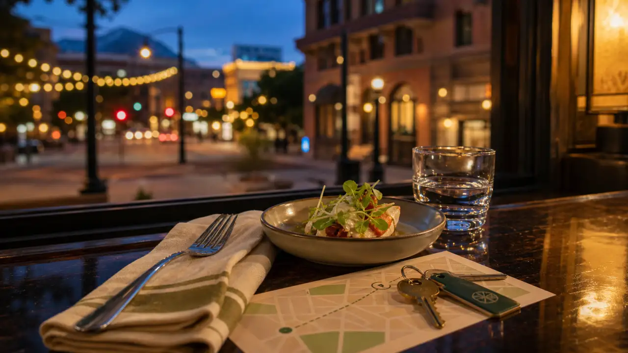 Restaurant table by a downtown window with small plate, napkin, water glass, route map, and apartment keys.