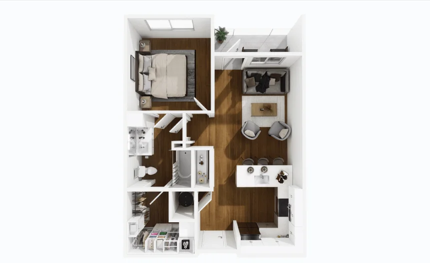 Amy one bedroom floor plan, 705 to 711 square feet