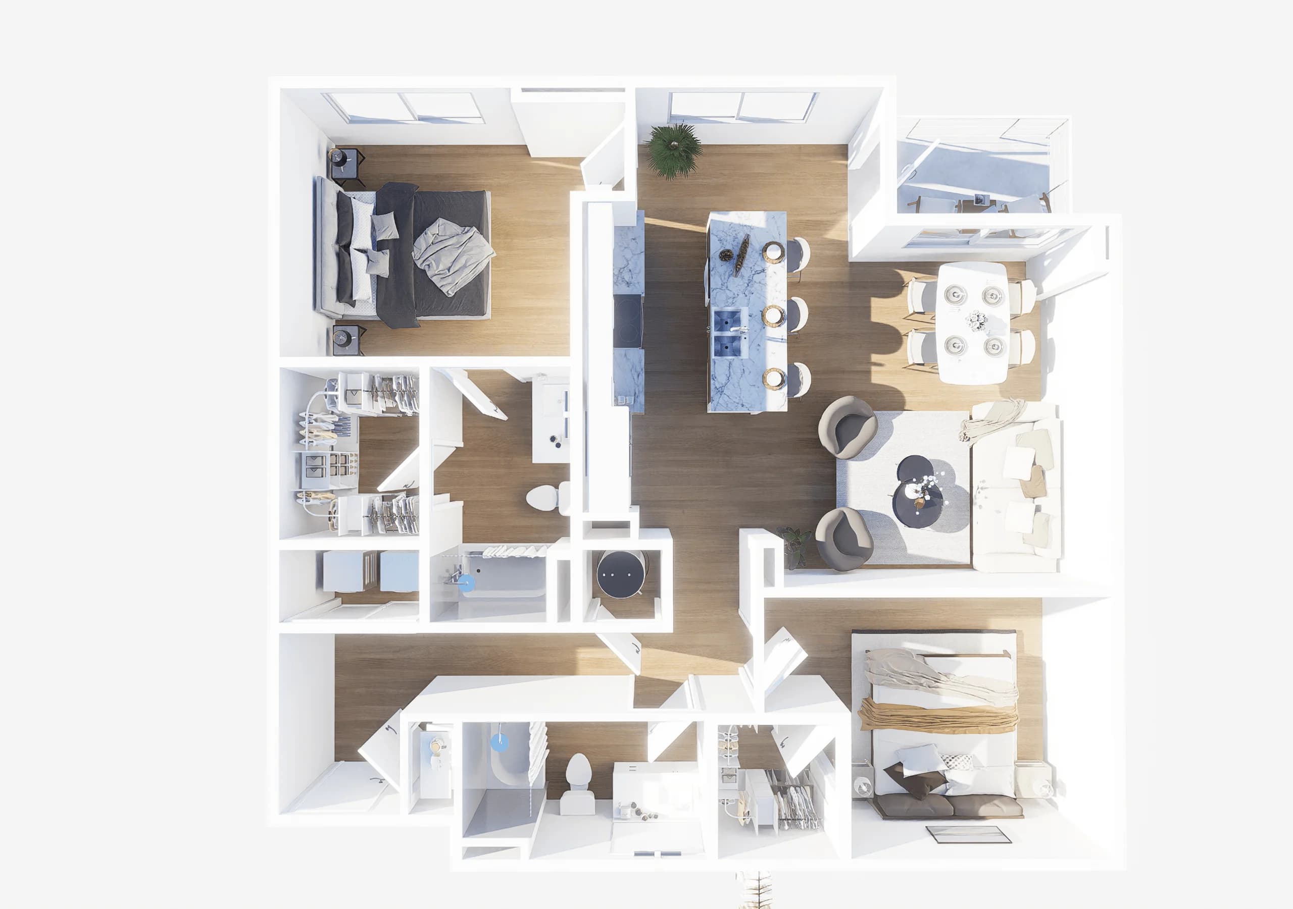 Louis two bedroom floor plan, 1165 to 1193 square feet