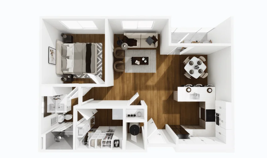 Wright one bedroom floor plan, 830 square feet