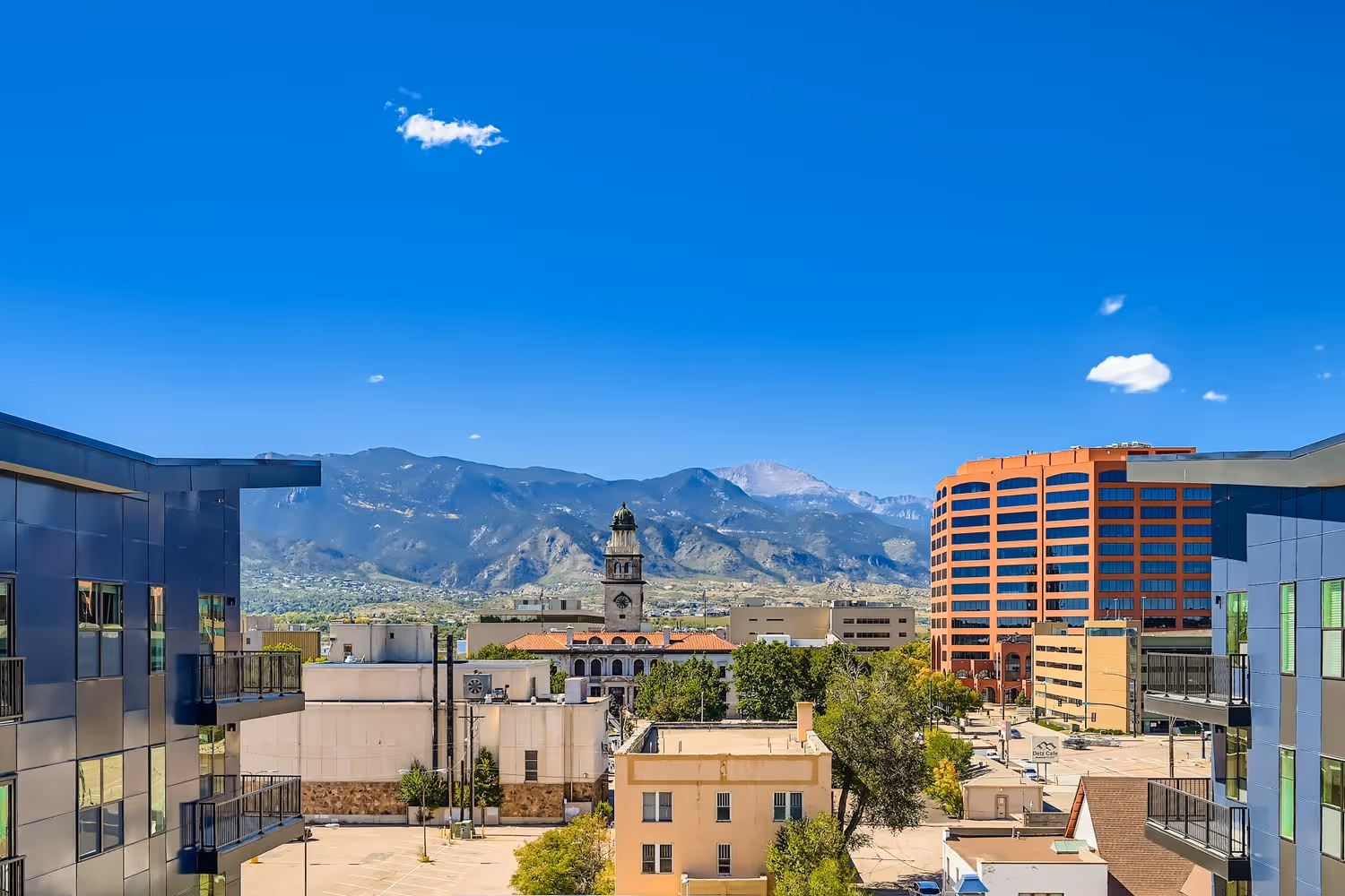 View of the downtown Colorado Springs skyline and Pikes Peak from Avian Apartments.