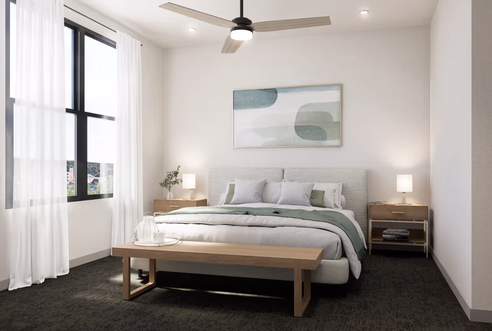 Bright bedroom with large windows, a ceiling fan, and modern furniture, featuring a calming color palette at Avian Apartments in Colorado Springs, CO.