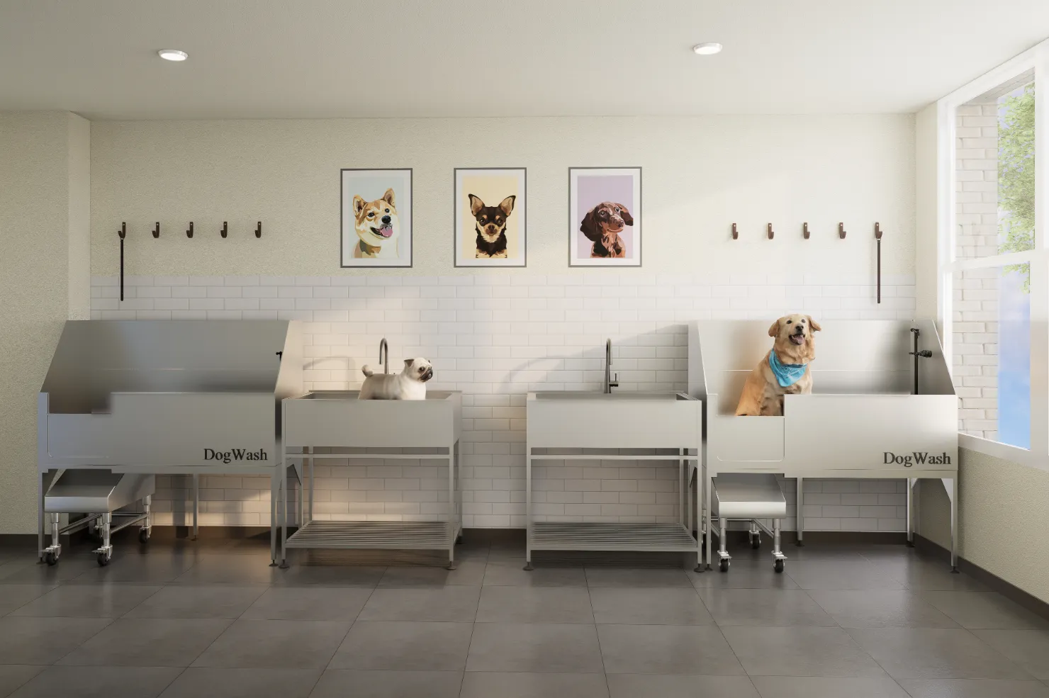 Dedicated, on-site pet wash station with professional grooming tubs and modern white subway tile, a convenient amenity for pet owners at Avian Apartments in Colorado Springs, CO.