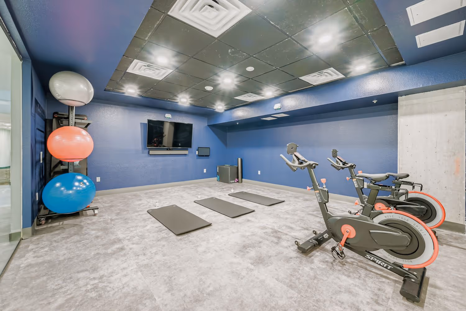 Dedicated yoga and spin studio with exercise bikes, yoga mats, and stability balls, a fitness amenity at Avian Apartments in Colorado Springs, CO.